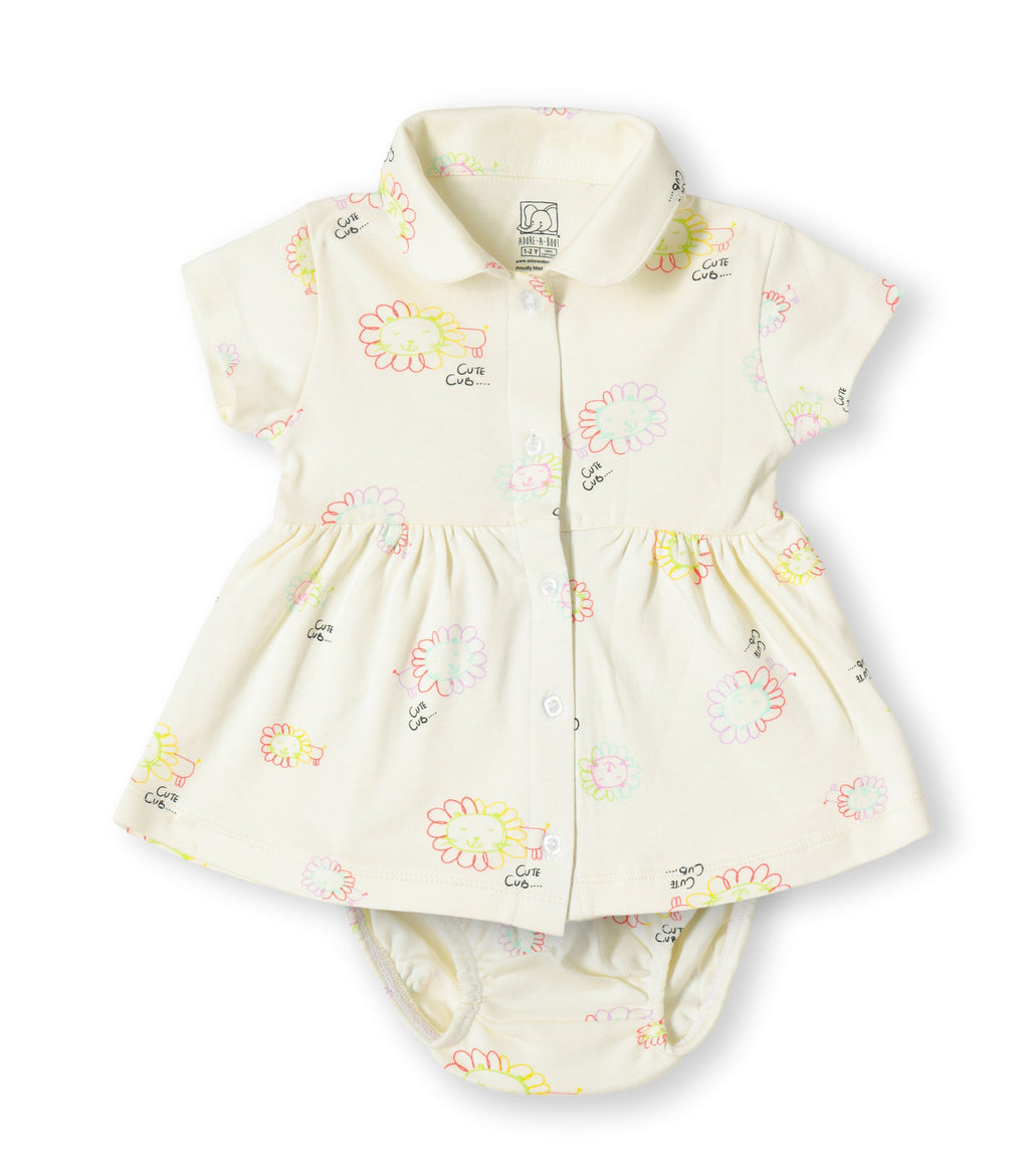 Cute Cub Printed Cream Girls Cotton Frock with Panty