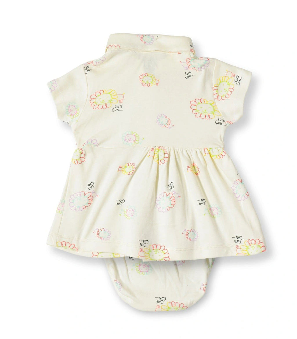 Cute Cub Printed Cream Girls Cotton Frock with Panty