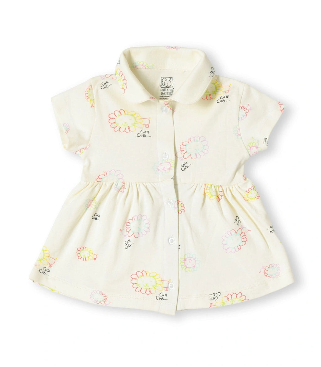 Cute Cub Printed Cream Girls Cotton Frock with Panty