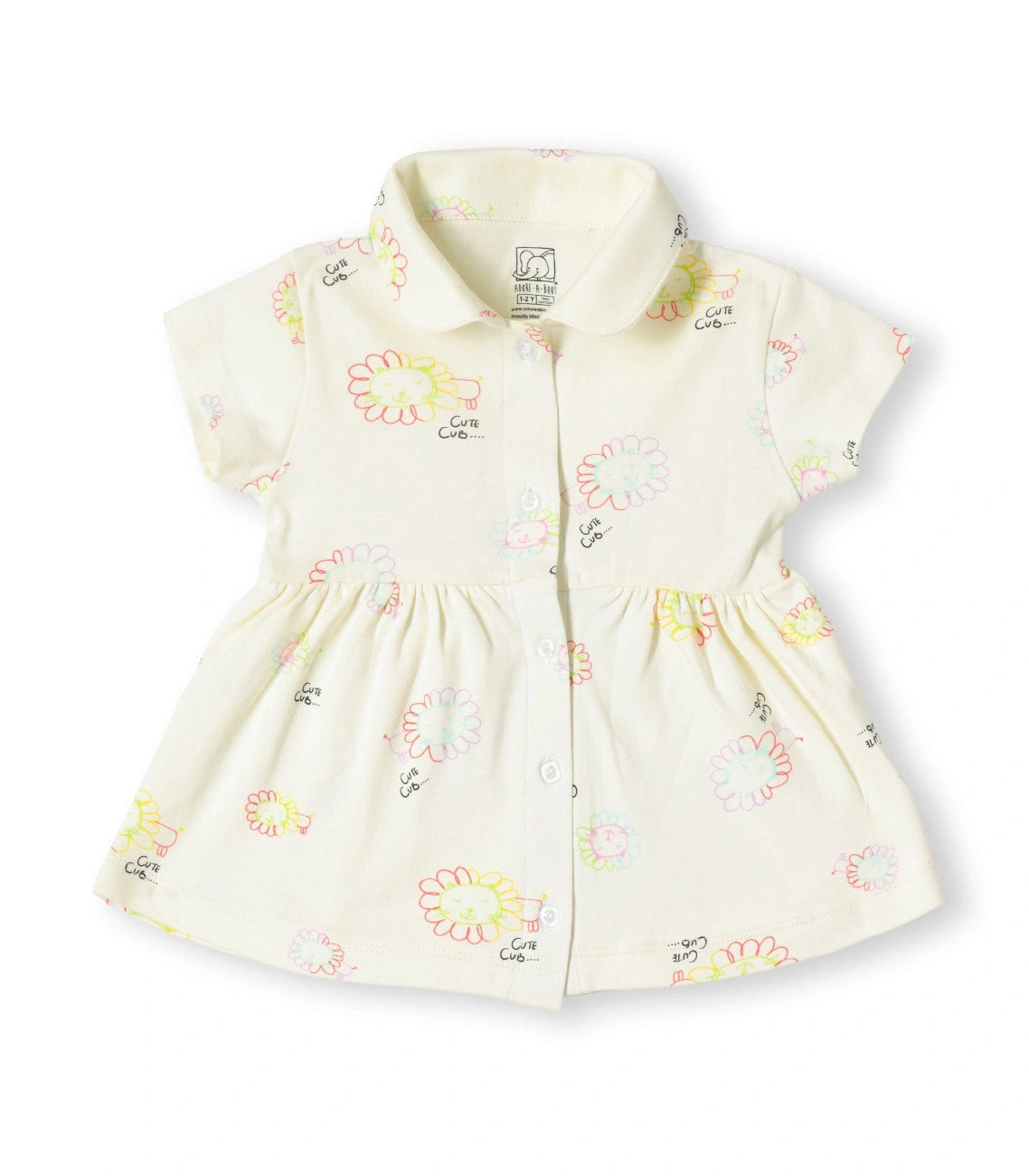 Cute Cub Printed Cream Girls Cotton Frock with Panty