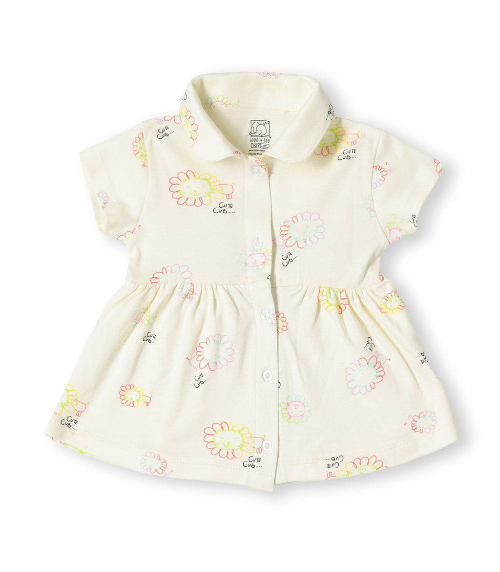 Cute Cub Printed Cream Girls Cotton Frock with Panty