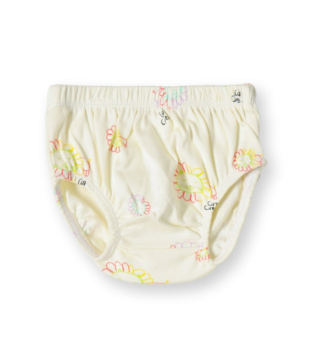 Cute Cub Printed Cream Girls Cotton Frock with Panty