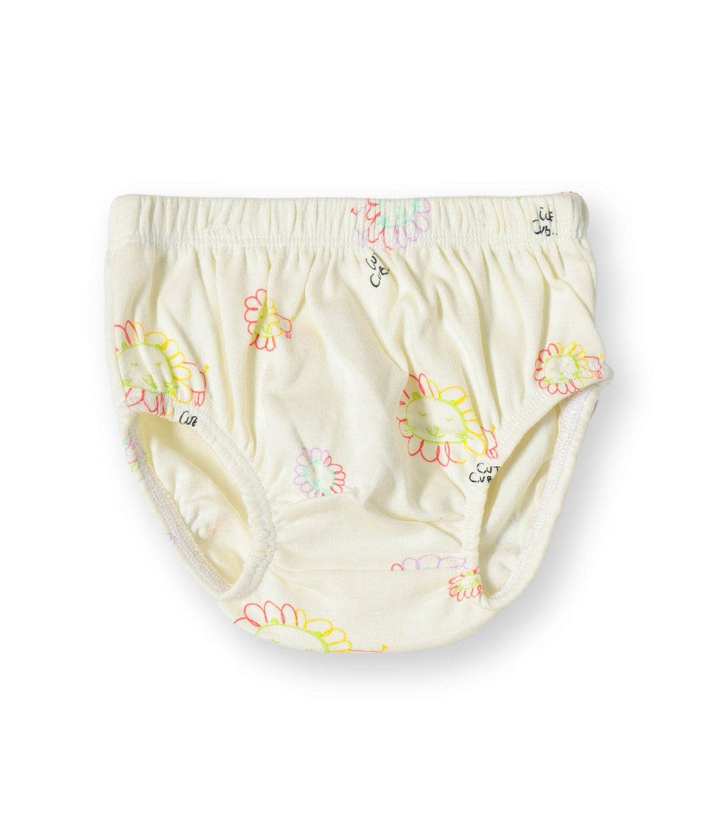 Cute Cub Printed Cream Girls Cotton Frock with Panty