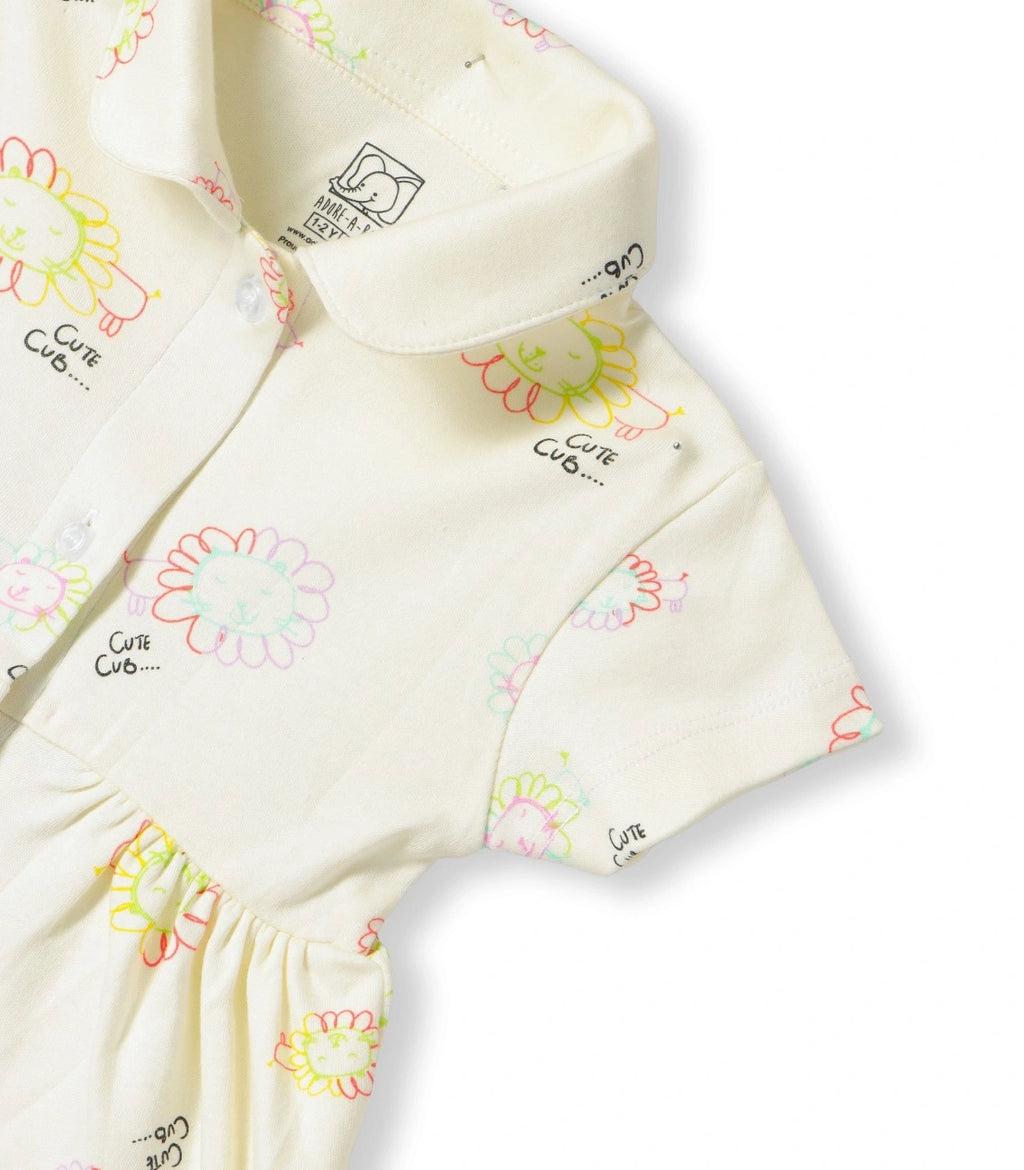 Cute Cub Printed Cream Girls Cotton Frock with Panty
