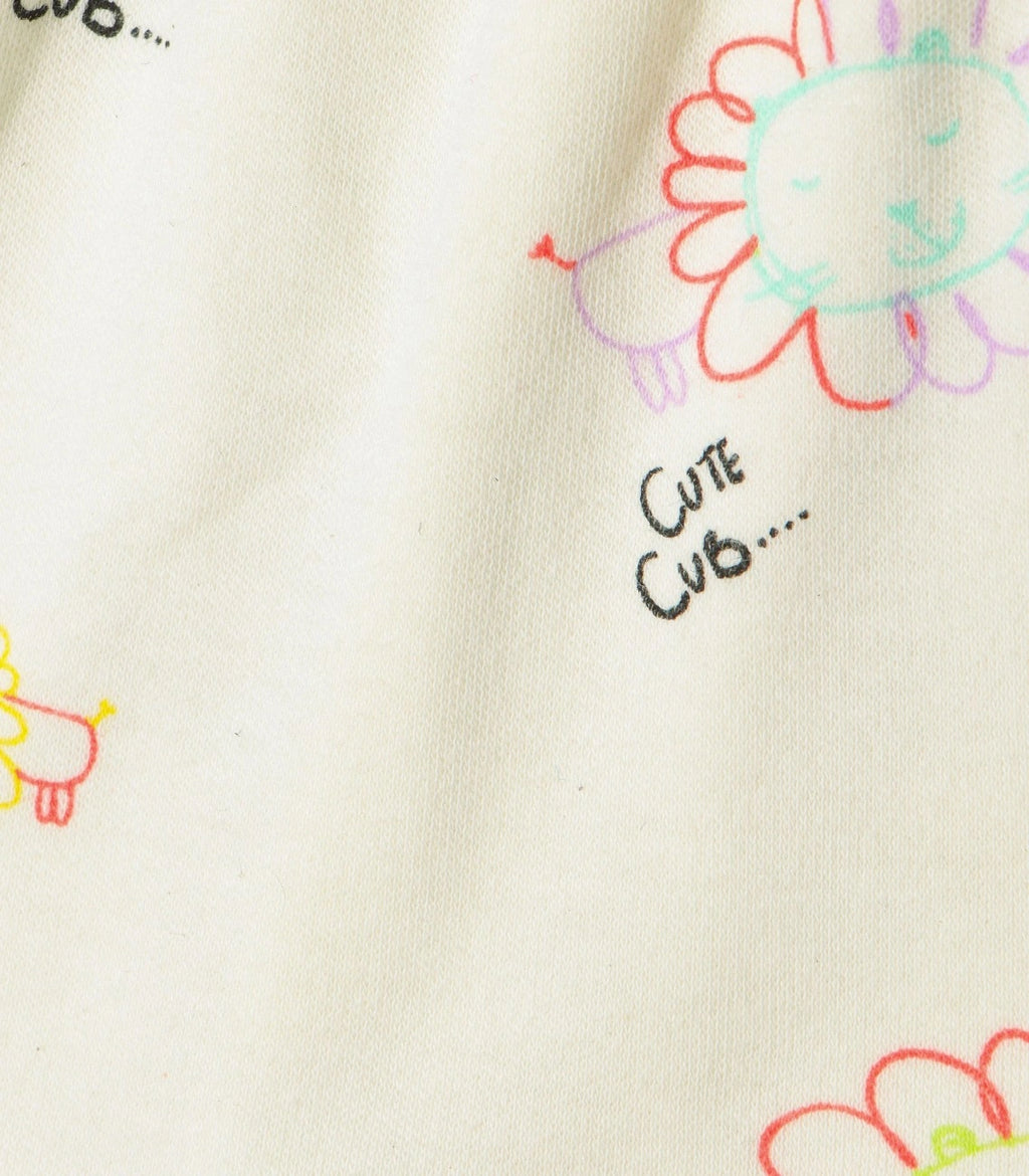 Cute Cub Printed Cream Girls Cotton Frock with Panty