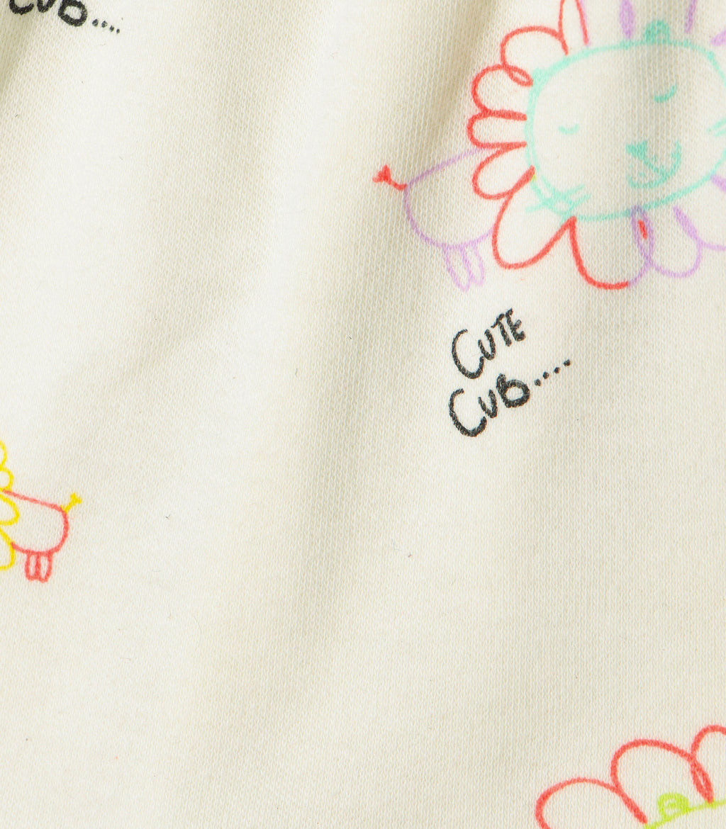Cute Cub Printed Cream Girls Cotton Frock with Panty