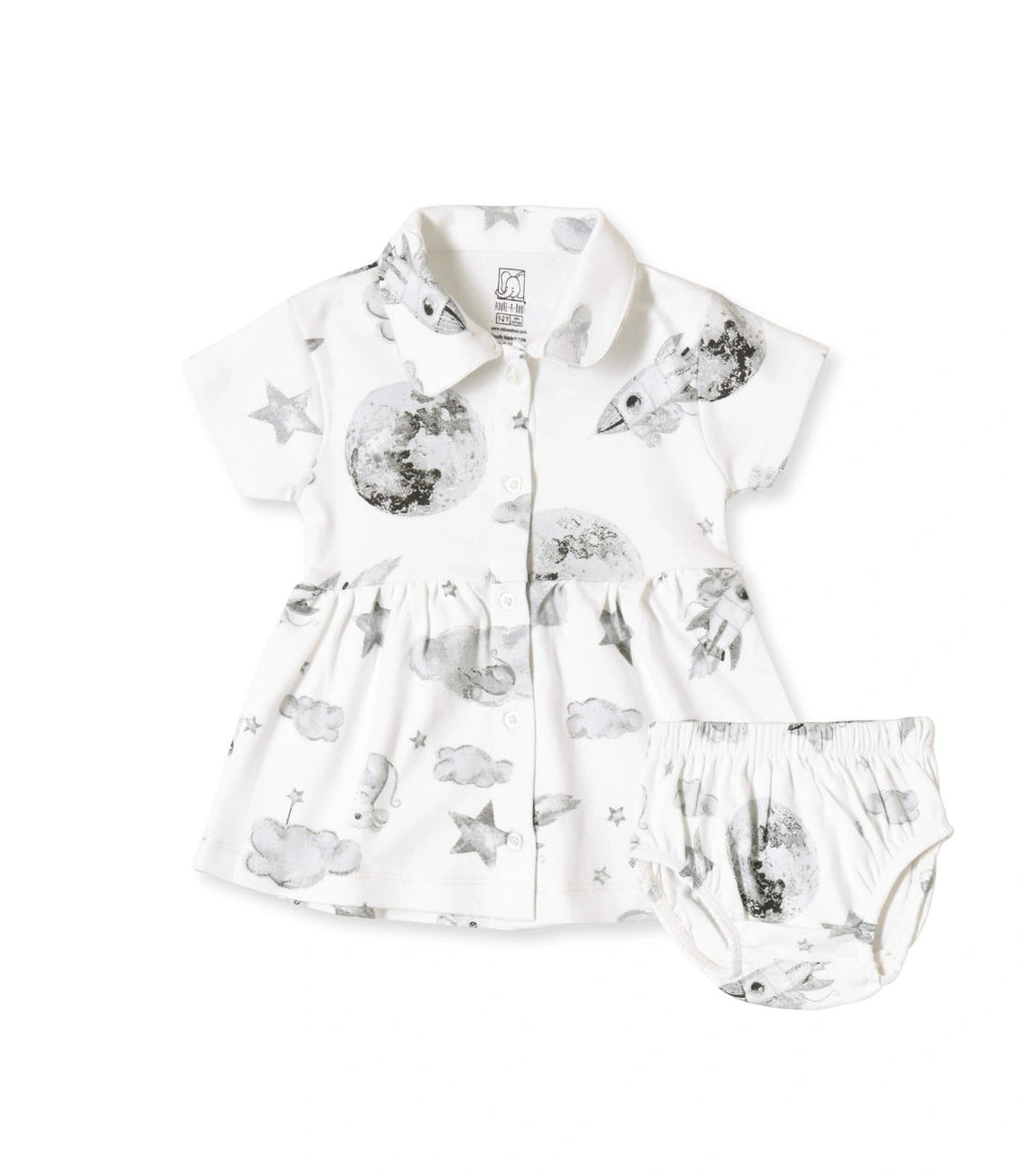 Little Astronaut Printed White Girls Cotton Frock with Panty
