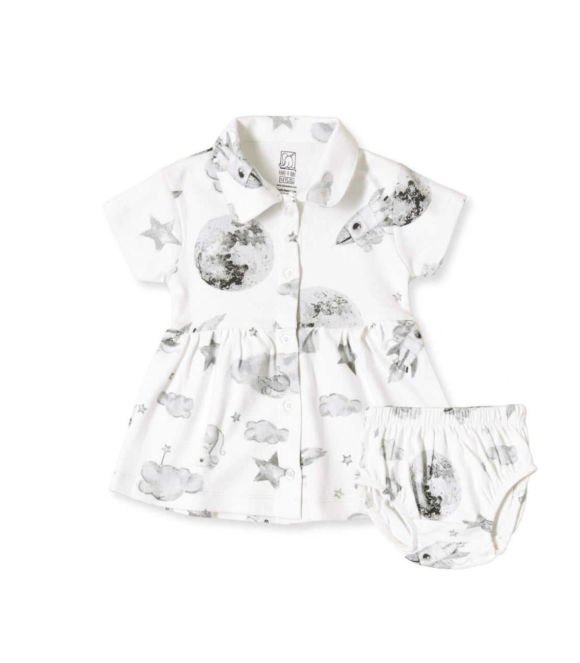 Little Astronaut Printed White Girls Cotton Frock with Panty