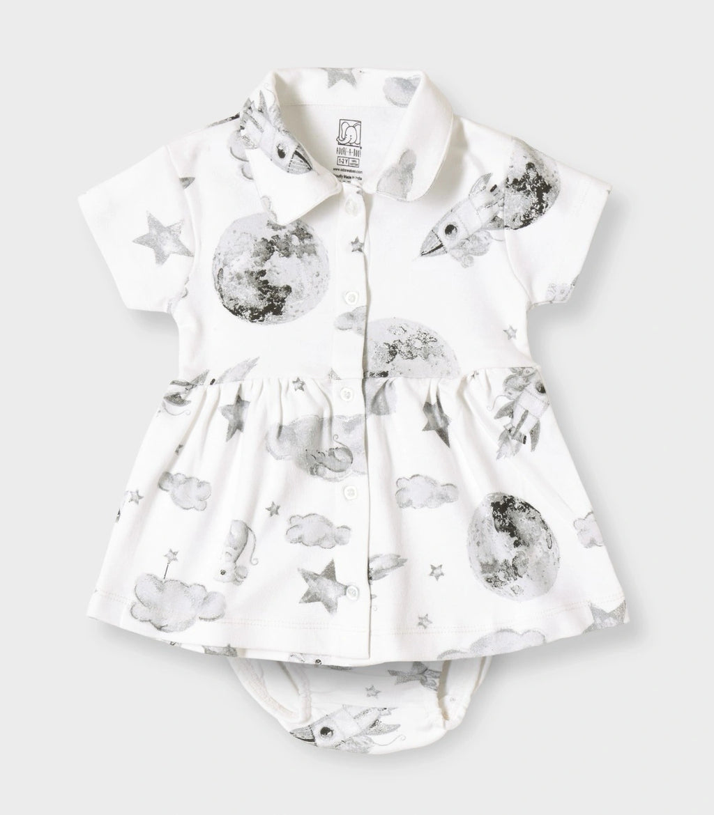 Little Astronaut Printed White Girls Cotton Frock with Panty