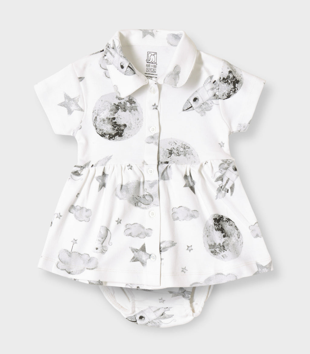 Little Astronaut Printed White Girls Cotton Frock with Panty