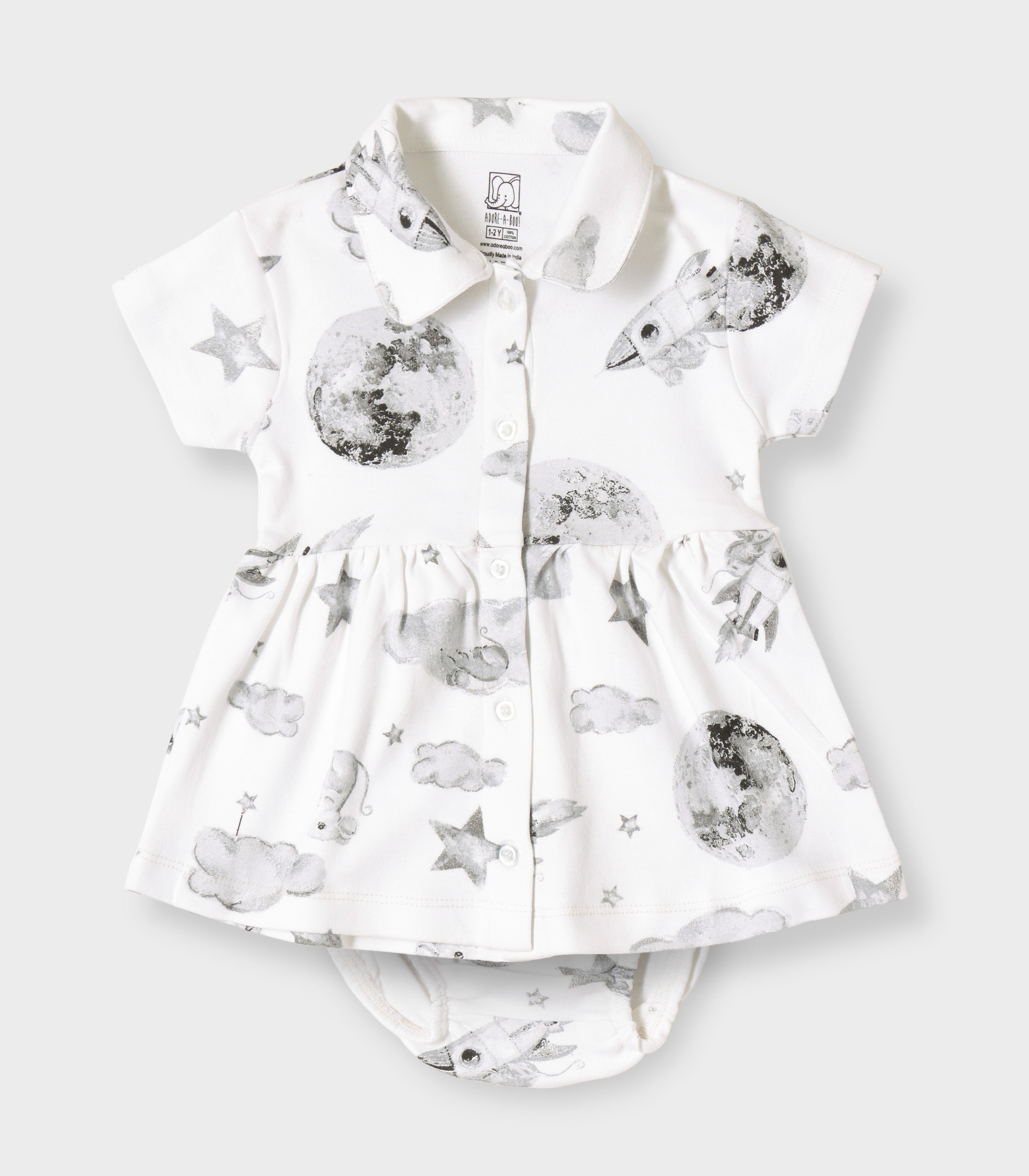 Little Astronaut Printed White Girls Cotton Frock with Panty