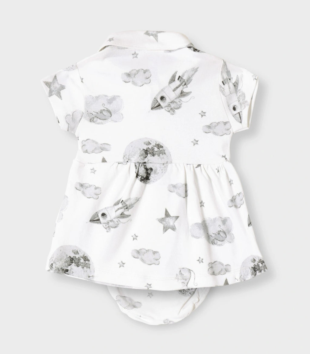 Little Astronaut Printed White Girls Cotton Frock with Panty