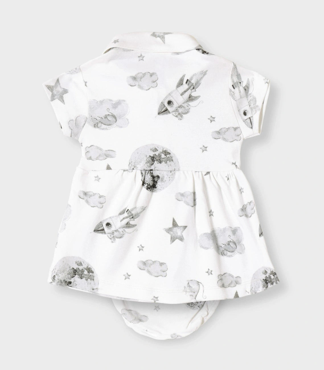 Little Astronaut Printed White Girls Cotton Frock with Panty