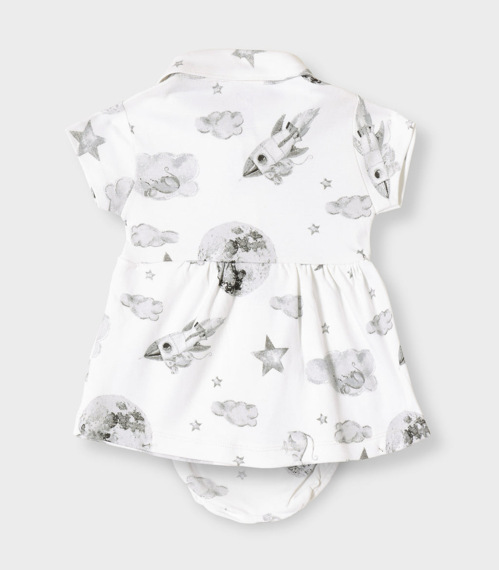 Little Astronaut Printed White Girls Cotton Frock with Panty