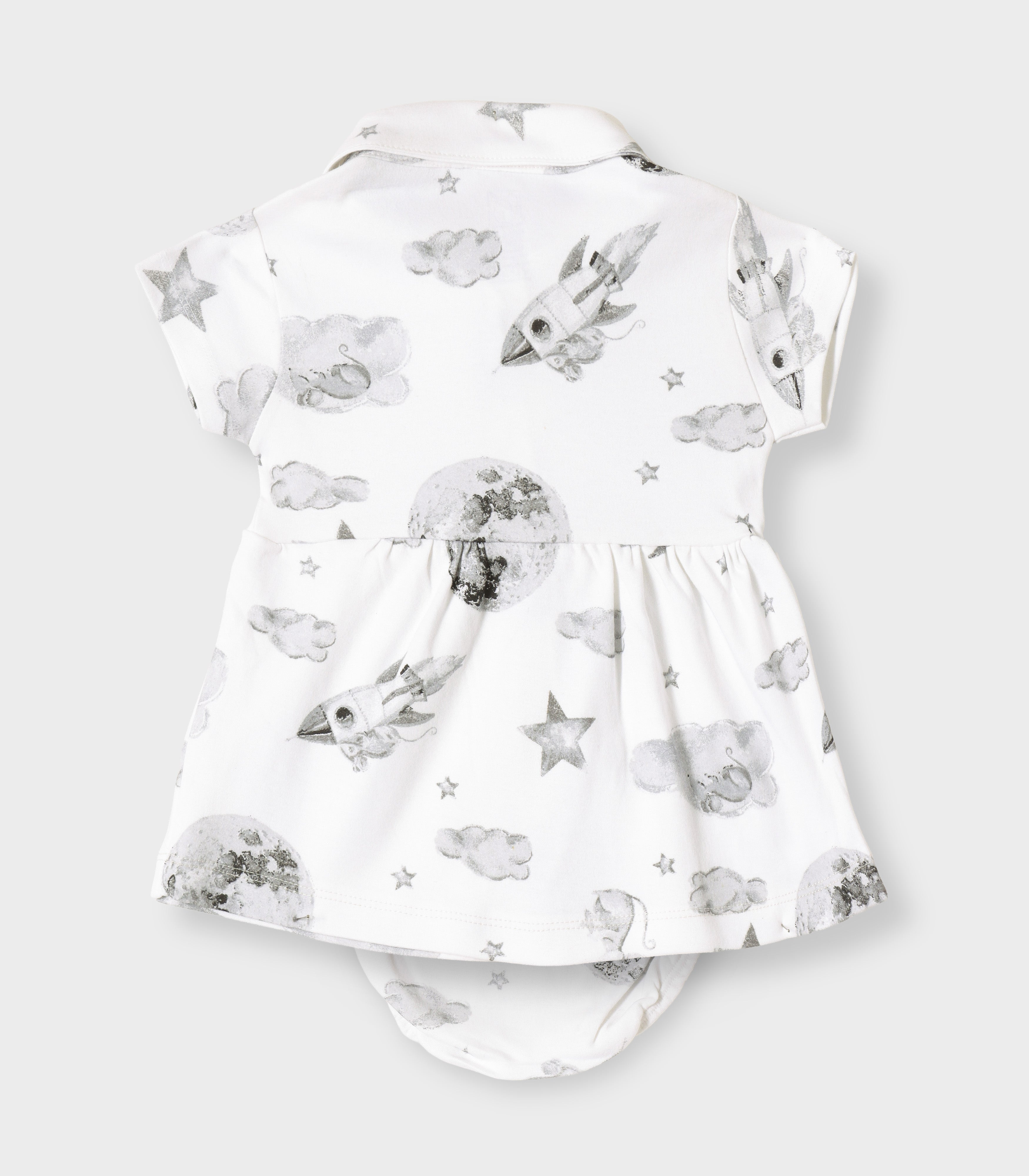 Little Astronaut Printed White Girls Cotton Frock with Panty
