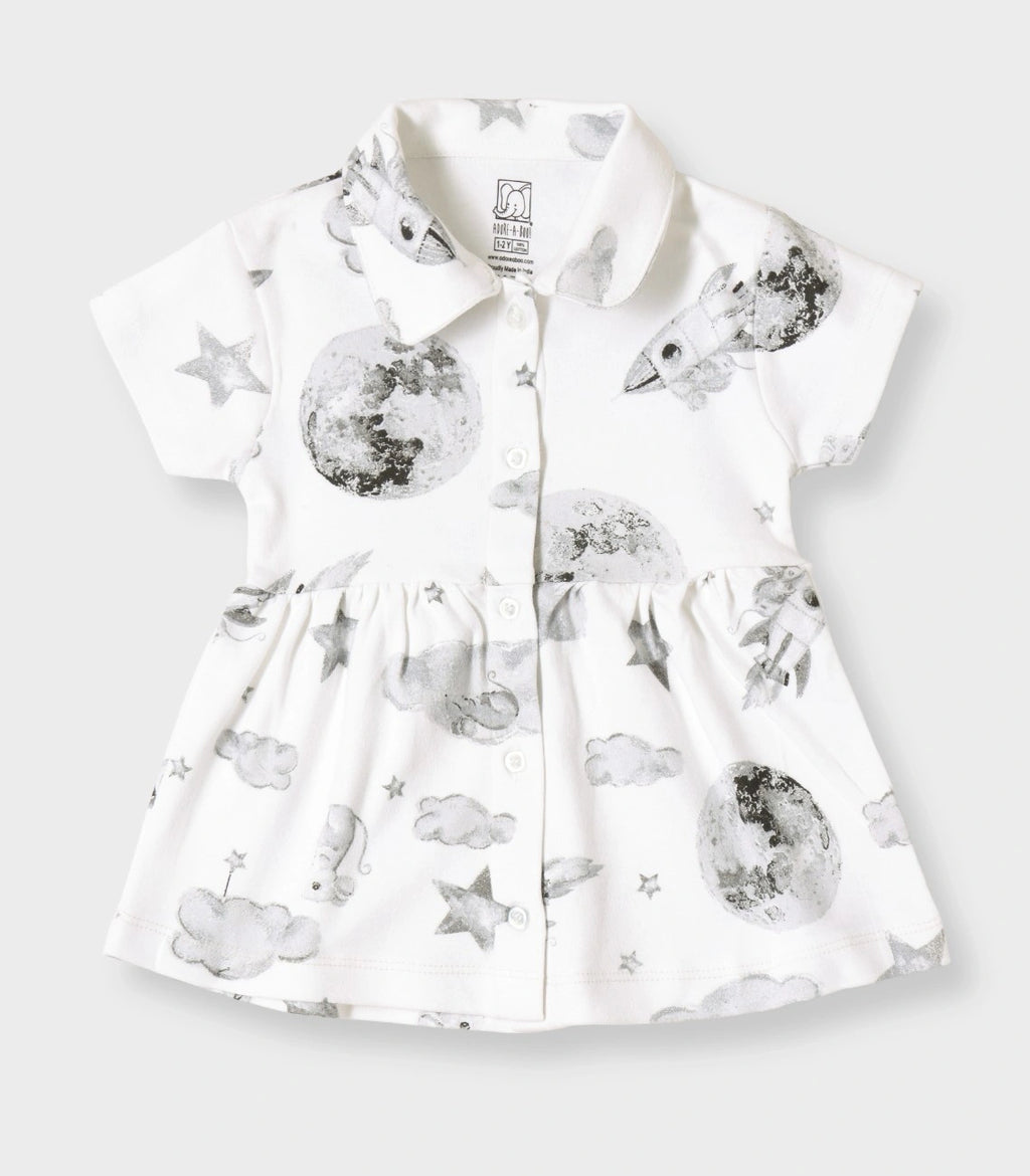 Little Astronaut Printed White Girls Cotton Frock with Panty