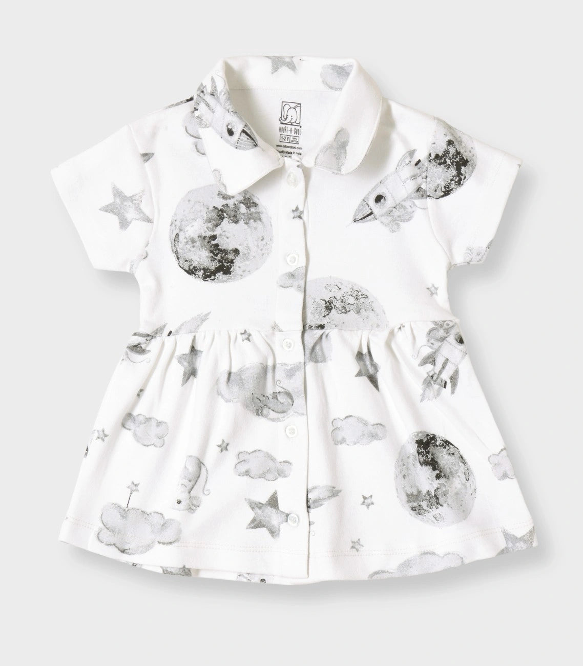 Little Astronaut Printed White Girls Cotton Frock with Panty
