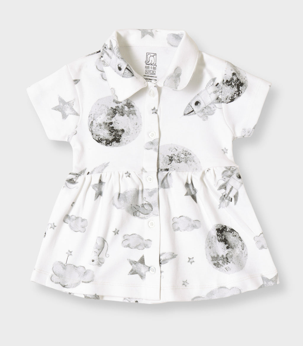 Little Astronaut Printed White Girls Cotton Frock with Panty