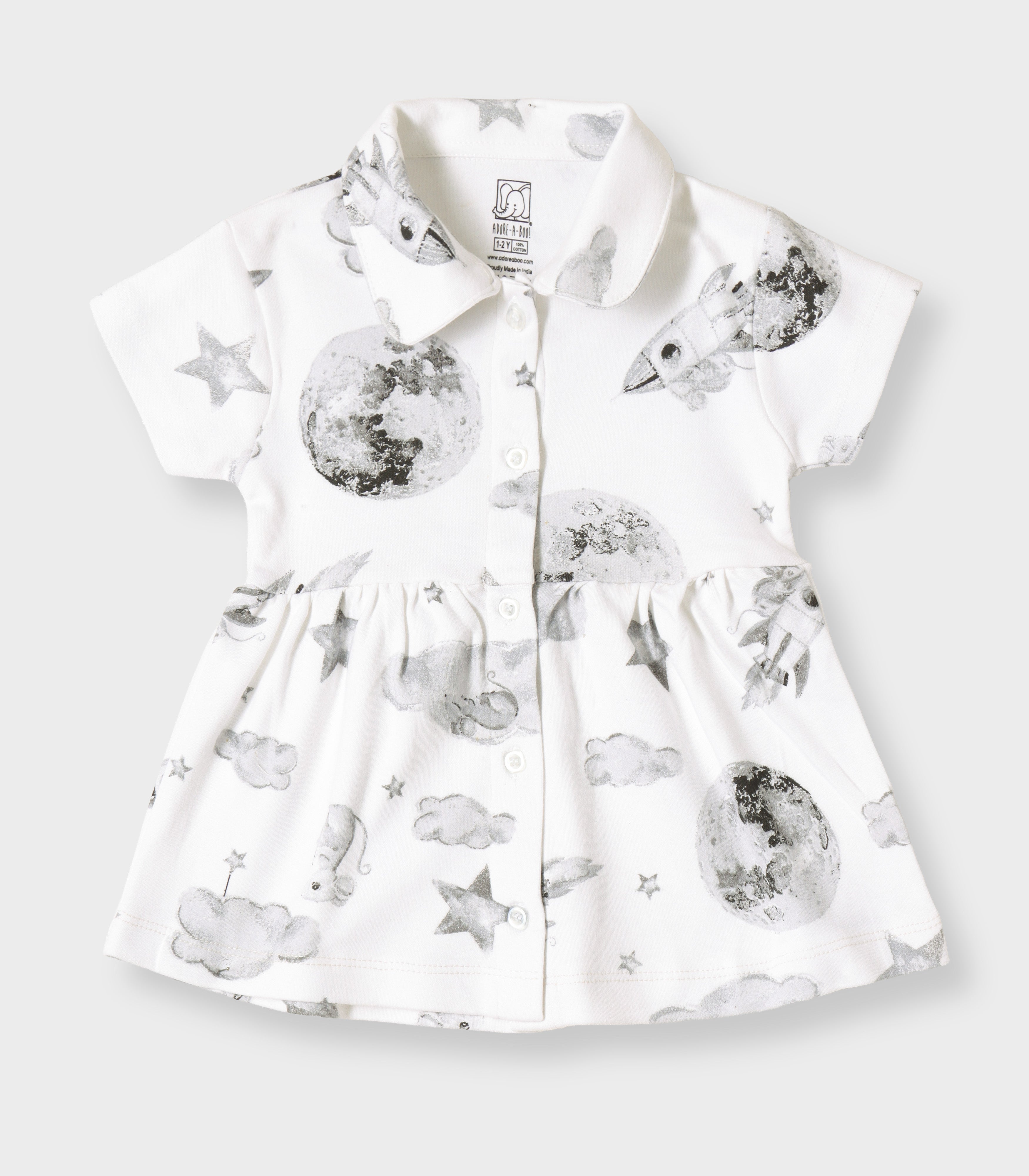Little Astronaut Printed White Girls Cotton Frock with Panty