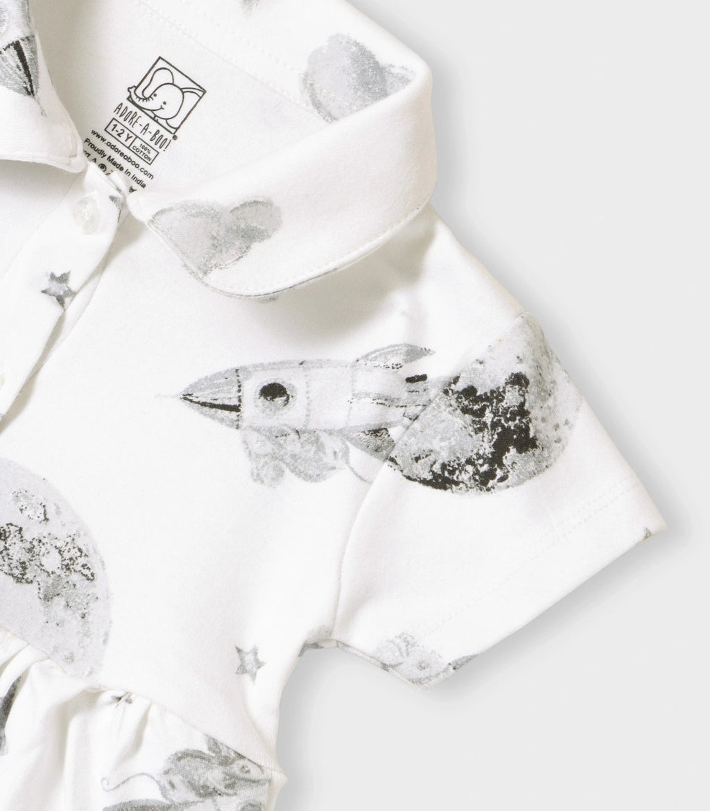 Little Astronaut Printed White Girls Cotton Frock with Panty