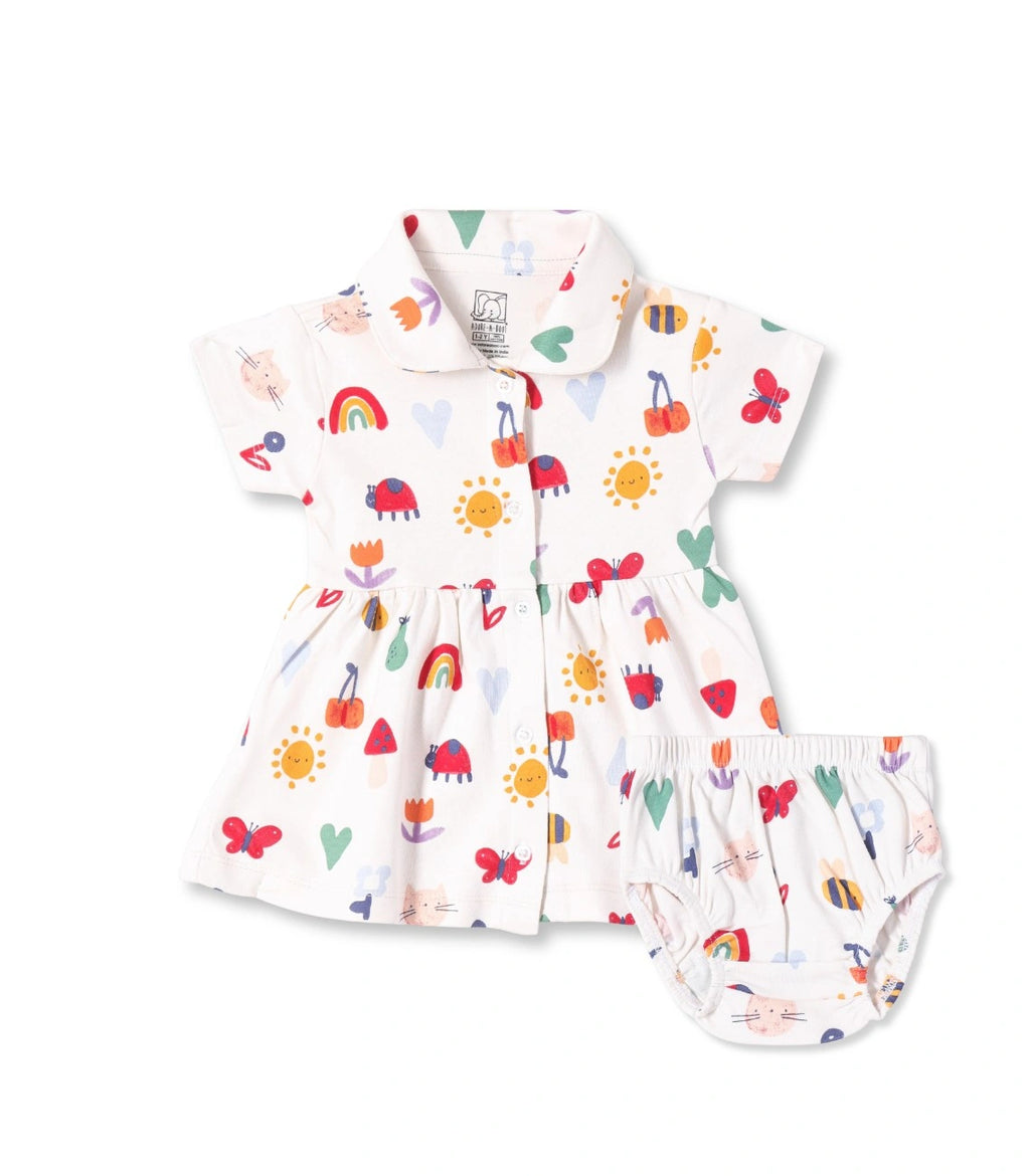 Rainbow Dreams Printed White Girls Cotton Frock with Panty