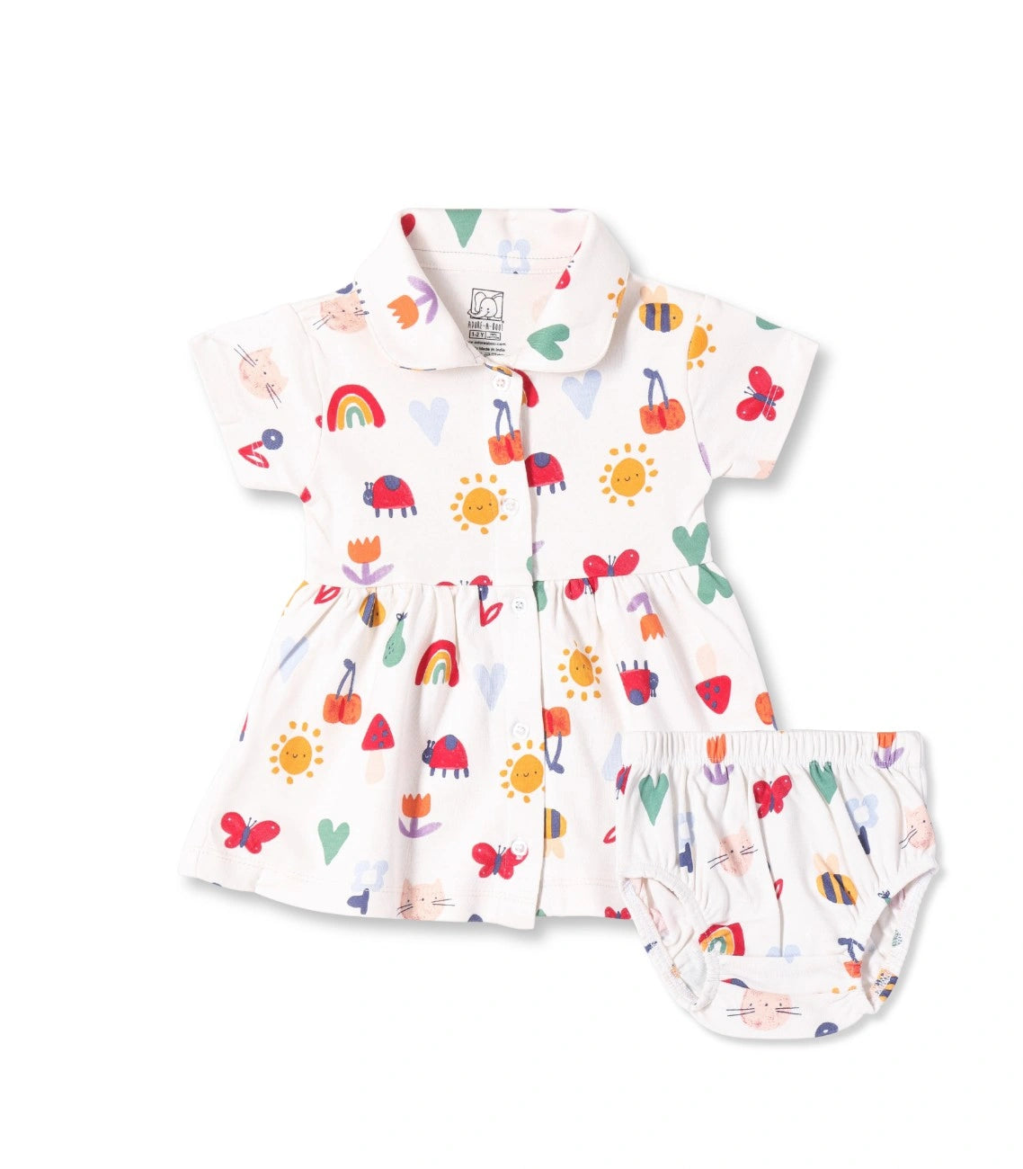 Rainbow Dreams Printed White Girls Cotton Frock with Panty