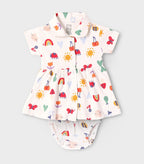 Rainbow Dreams Printed White Girls Cotton Frock with Panty