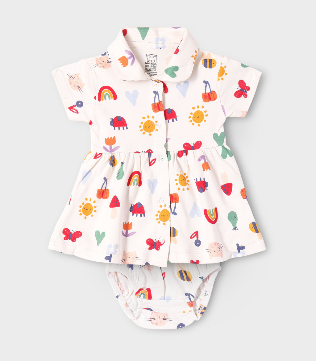 Rainbow Dreams Printed White Girls Cotton Frock with Panty