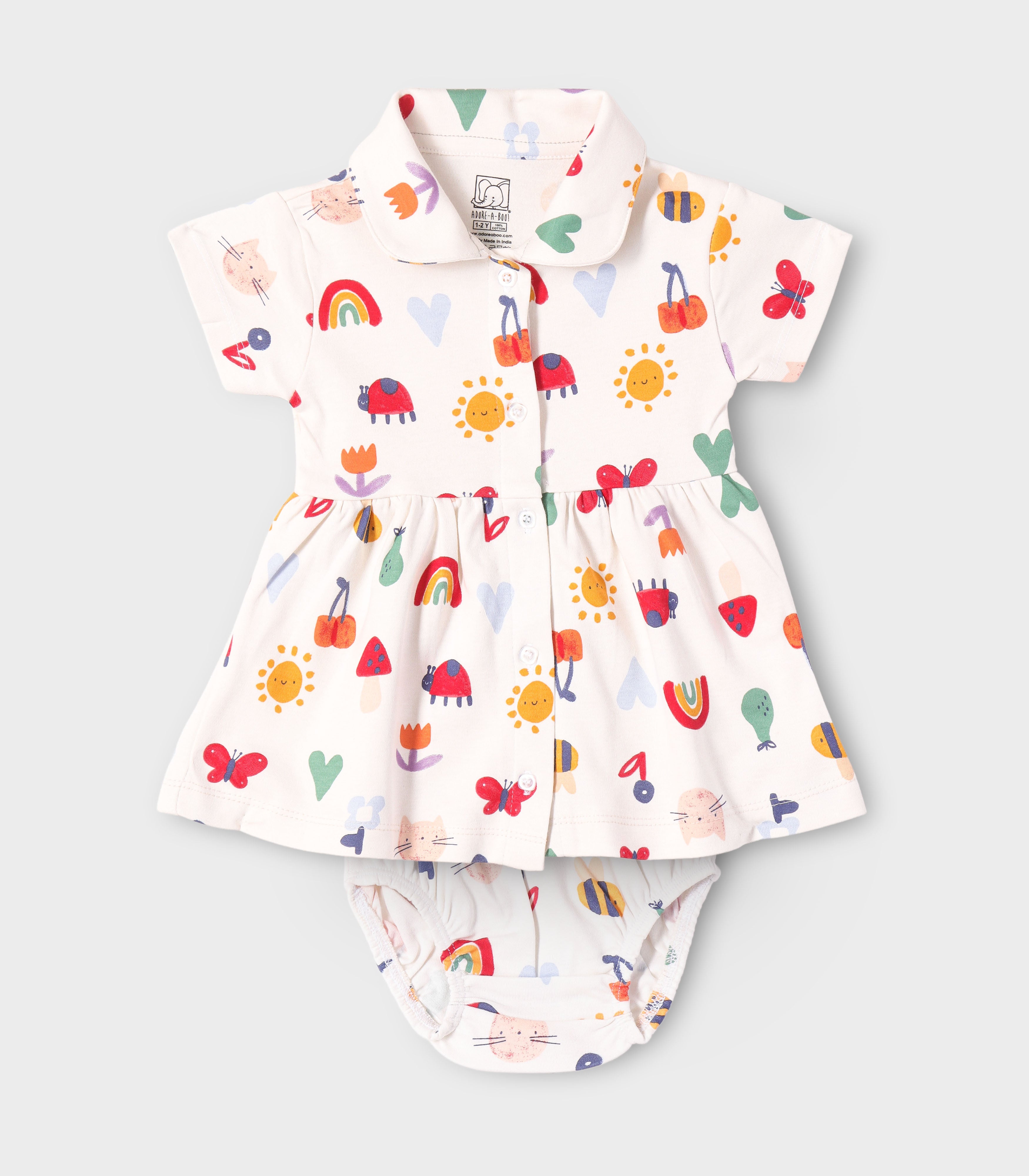 Rainbow Dreams Printed White Girls Cotton Frock with Panty
