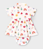 Rainbow Dreams Printed White Girls Cotton Frock with Panty