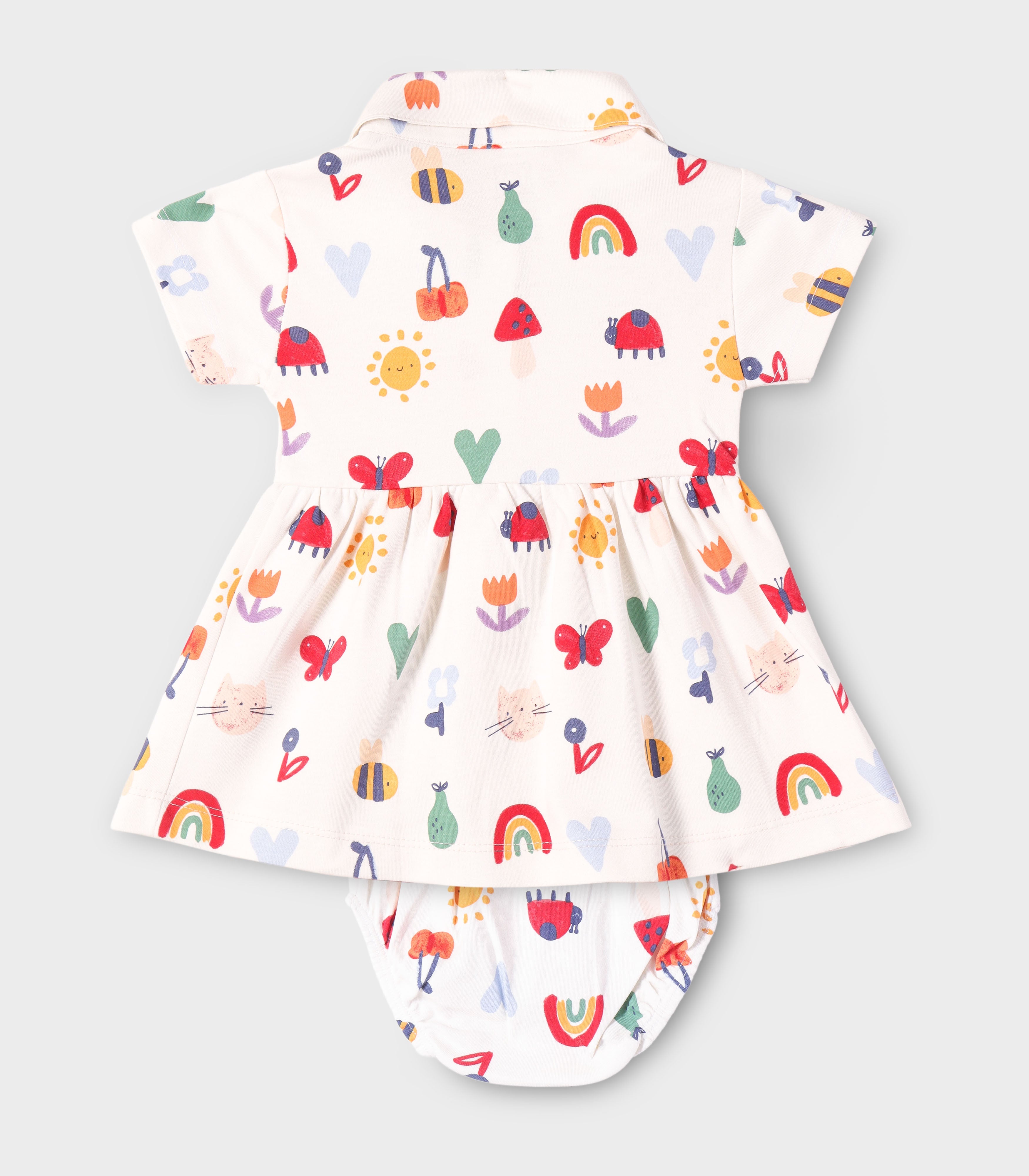 Rainbow Dreams Printed White Girls Cotton Frock with Panty