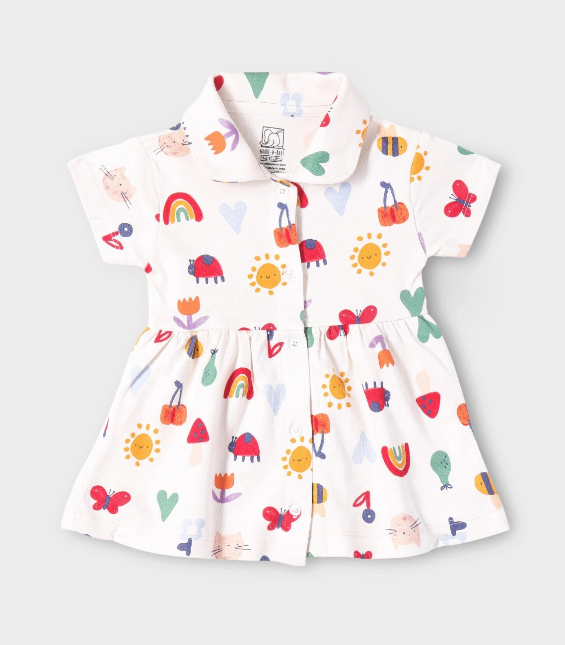 Rainbow Dreams Printed White Girls Cotton Frock with Panty