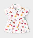 Rainbow Dreams Printed White Girls Cotton Frock with Panty