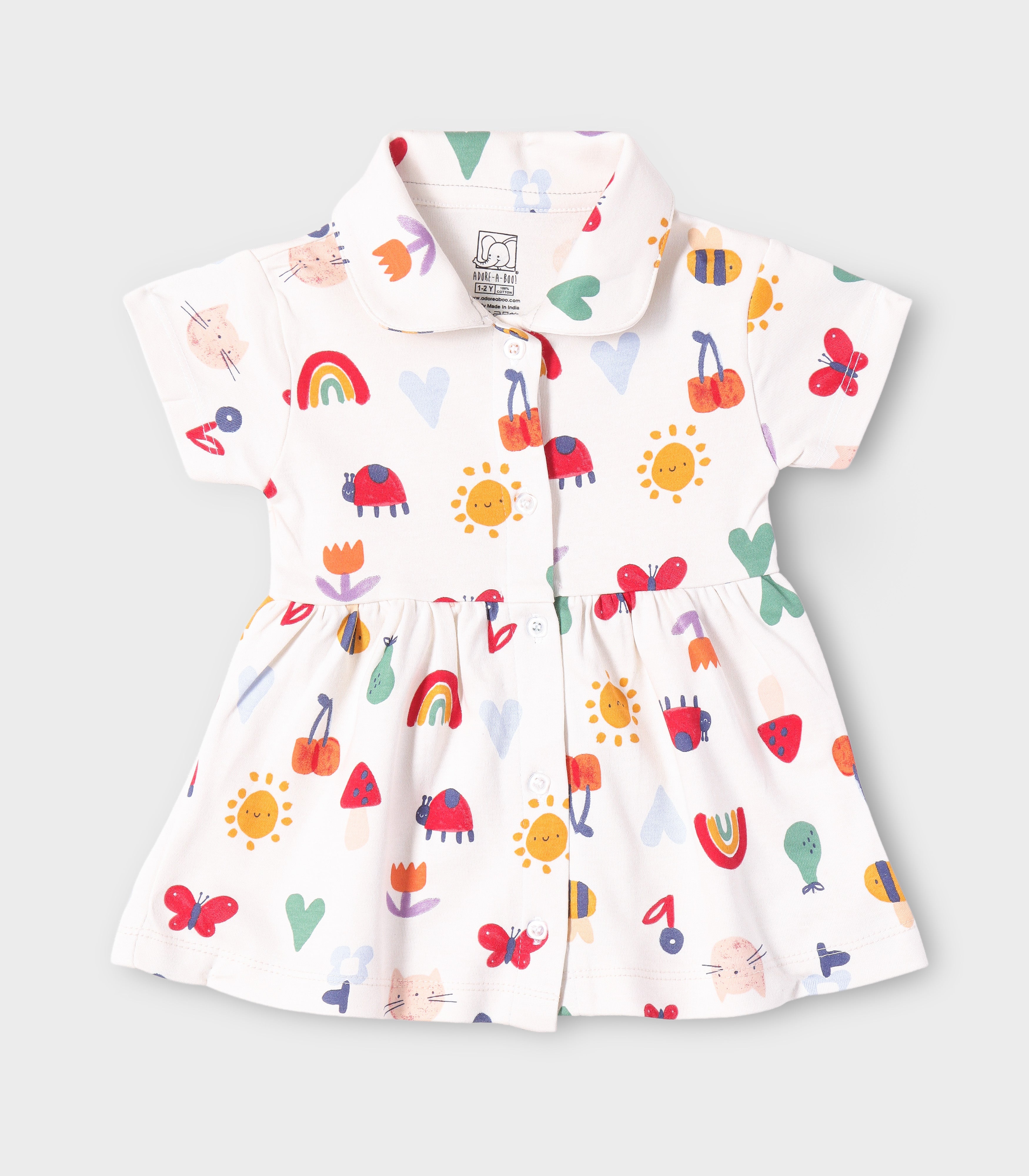 Rainbow Dreams Printed White Girls Cotton Frock with Panty