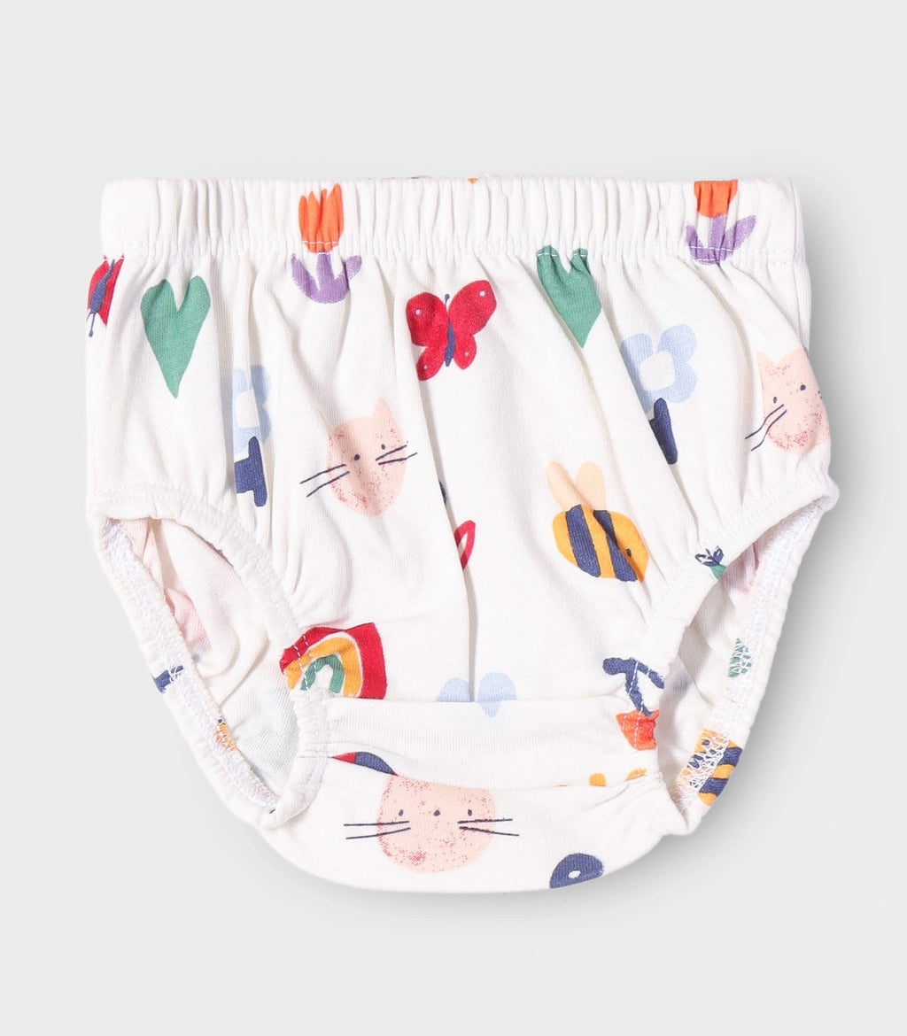 Rainbow Dreams Printed White Girls Cotton Frock with Panty