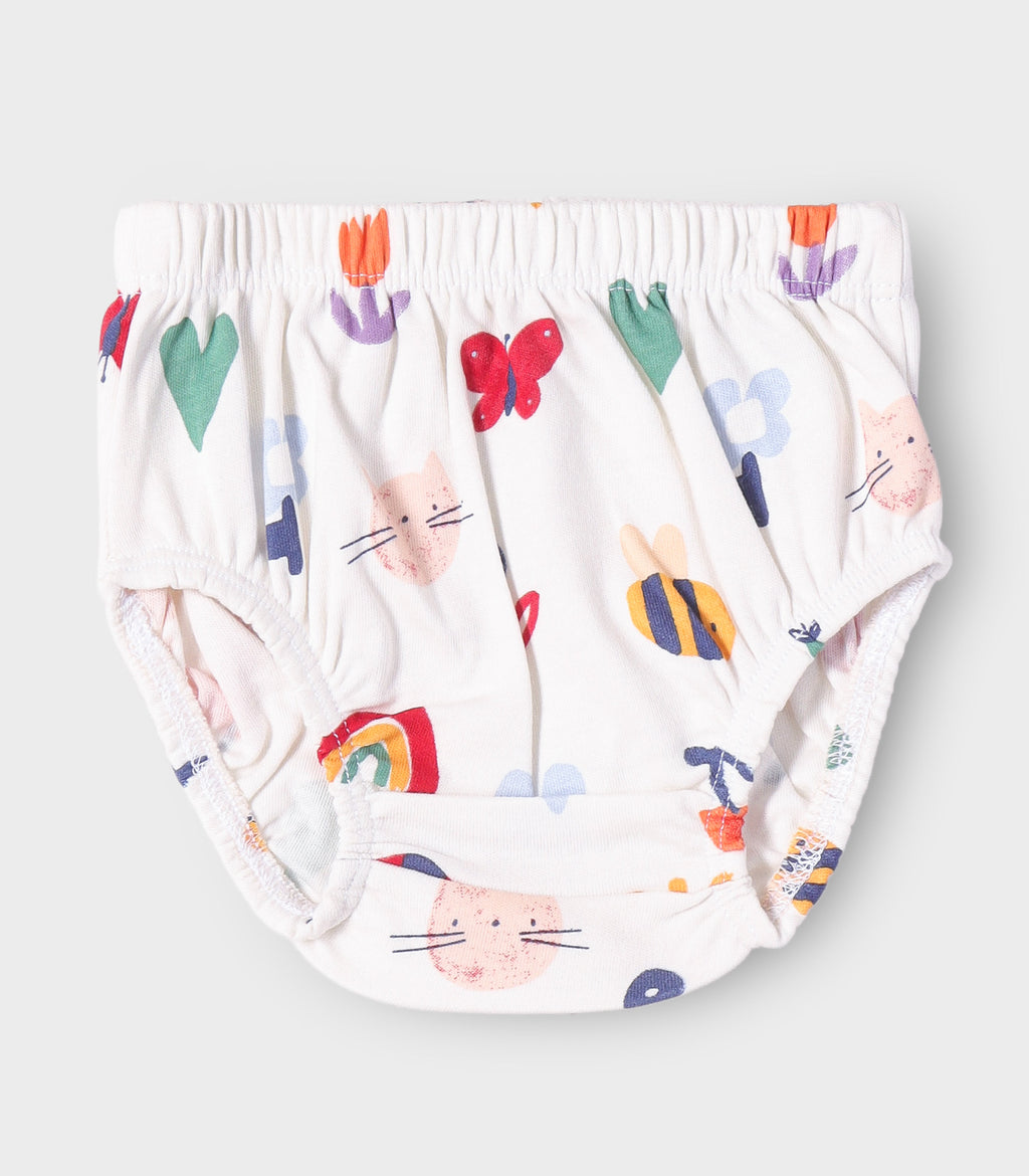 Rainbow Dreams Printed White Girls Cotton Frock with Panty