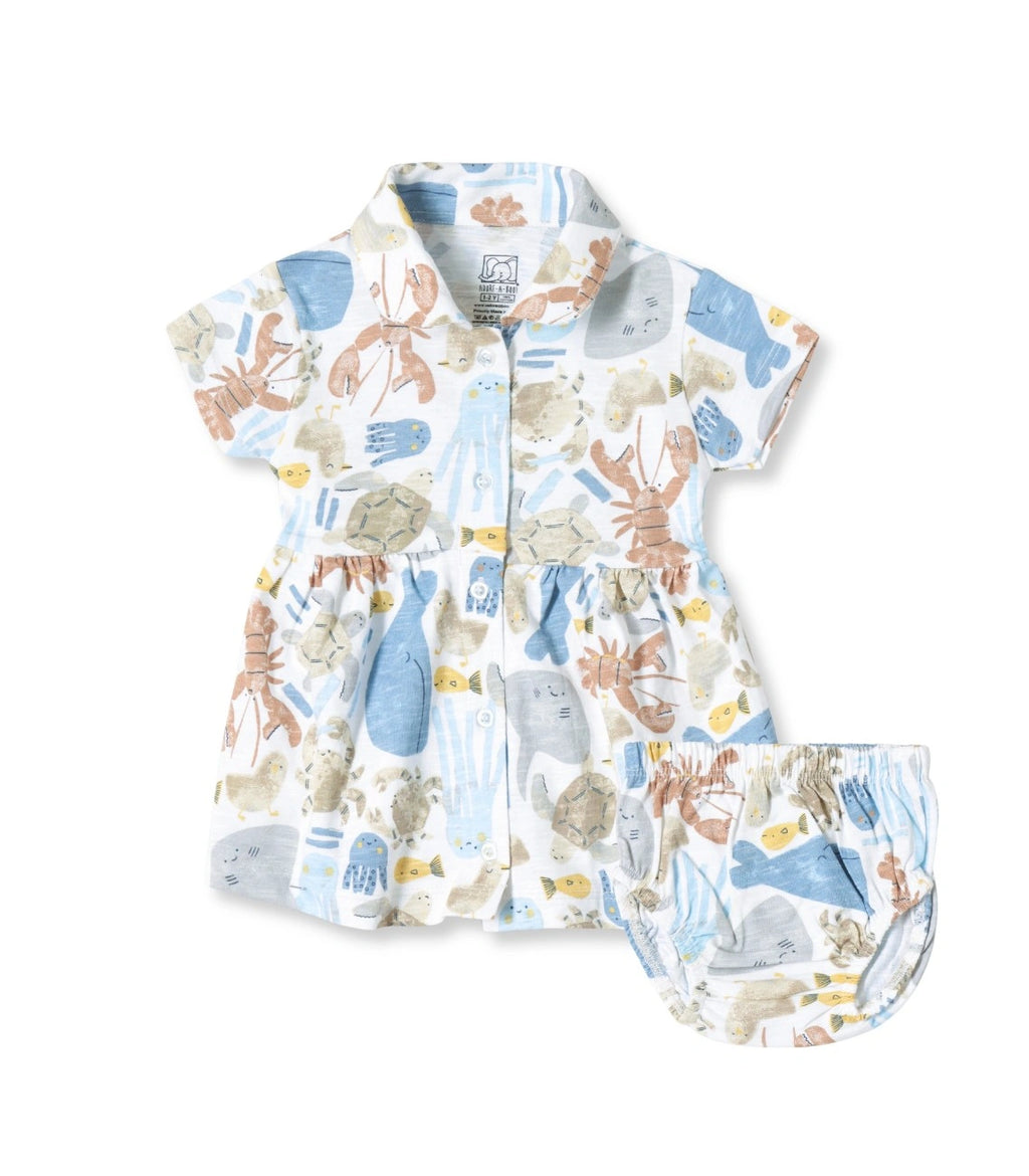 Ocean Buddies Printed White Girls Cotton Frock with Panty