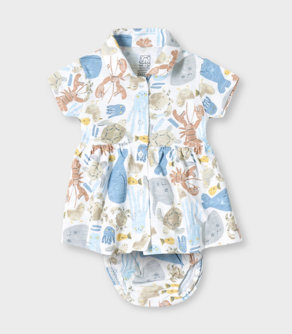 Ocean Buddies Printed White Girls Cotton Frock with Panty