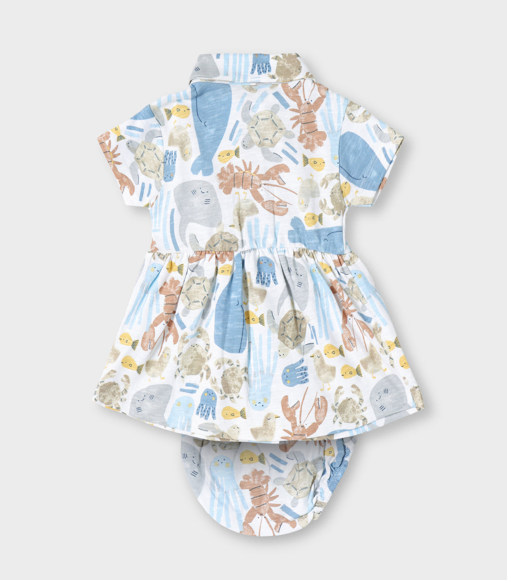 Ocean Buddies Printed White Girls Cotton Frock with Panty