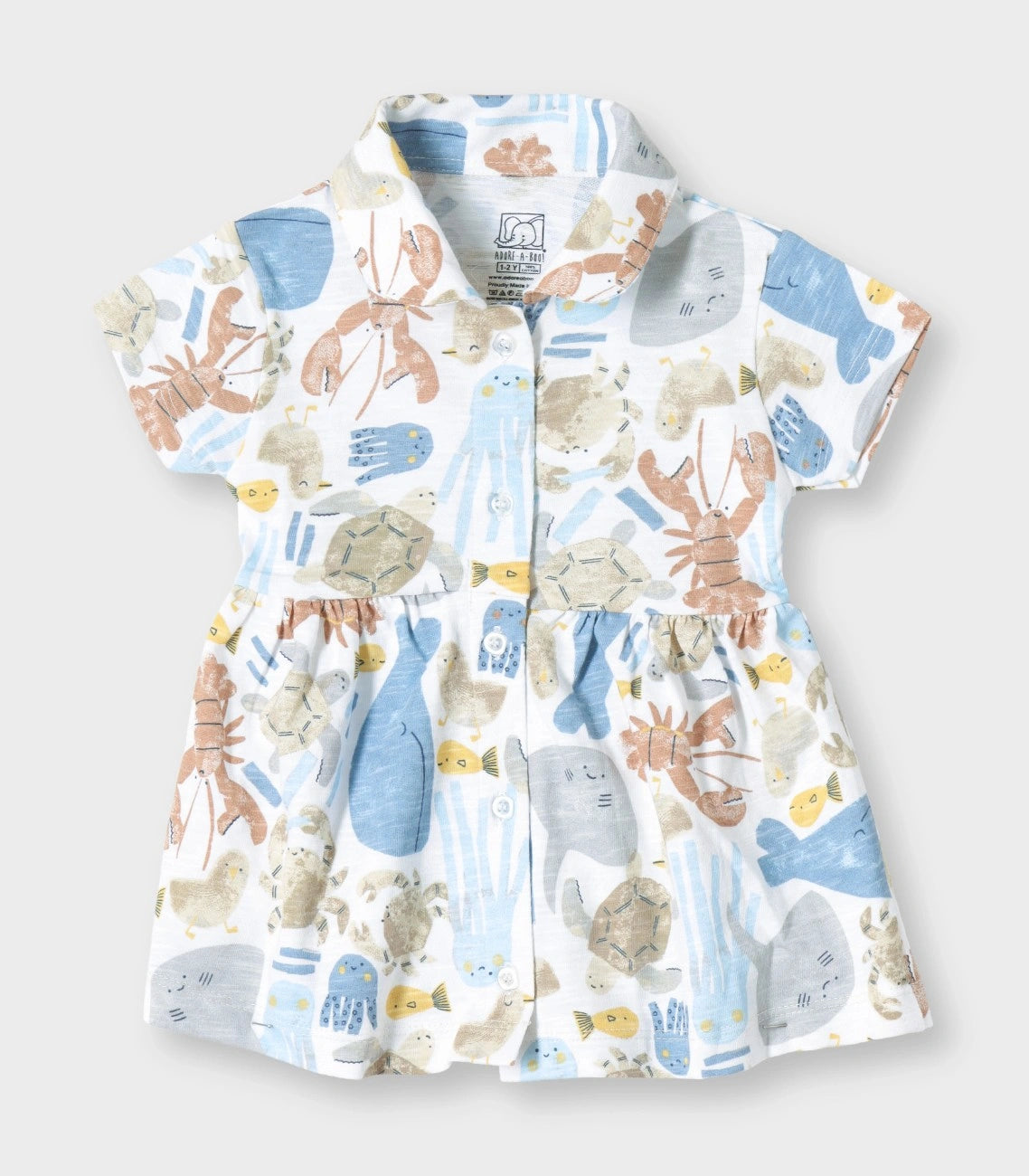 Ocean Buddies Printed White Girls Cotton Frock with Panty