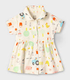 Farmyard Fun Printed Off white Girls Cotton Frock with Panty