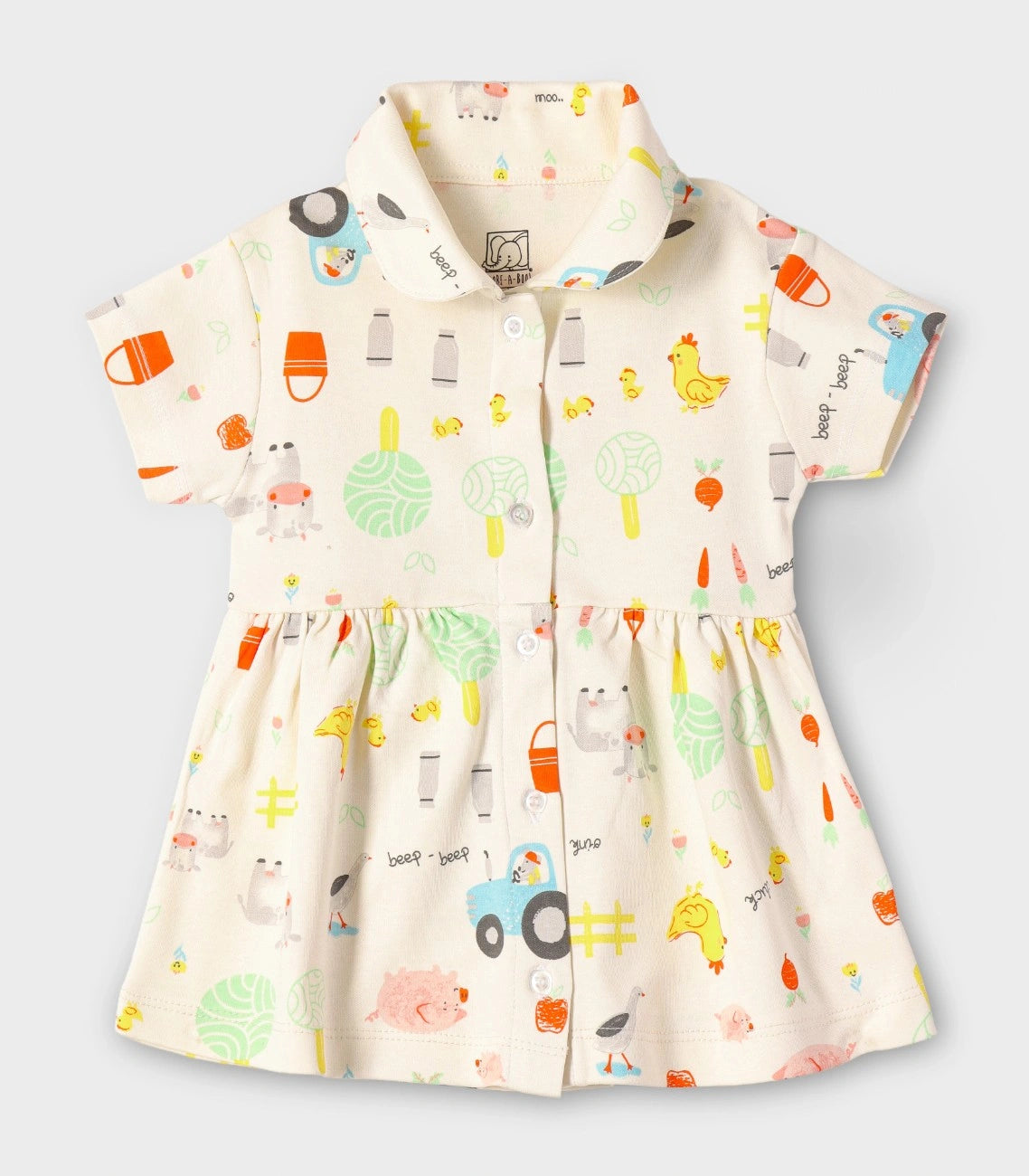 Farmyard Fun Printed Off white Girls Cotton Frock with Panty