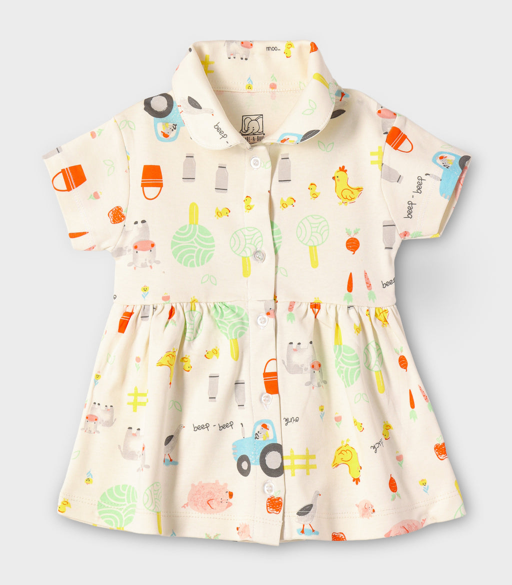 Farmyard Fun Printed Off white Girls Cotton Frock with Panty