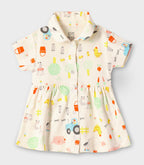 Farmyard Fun Printed Off white Girls Cotton Frock with Panty