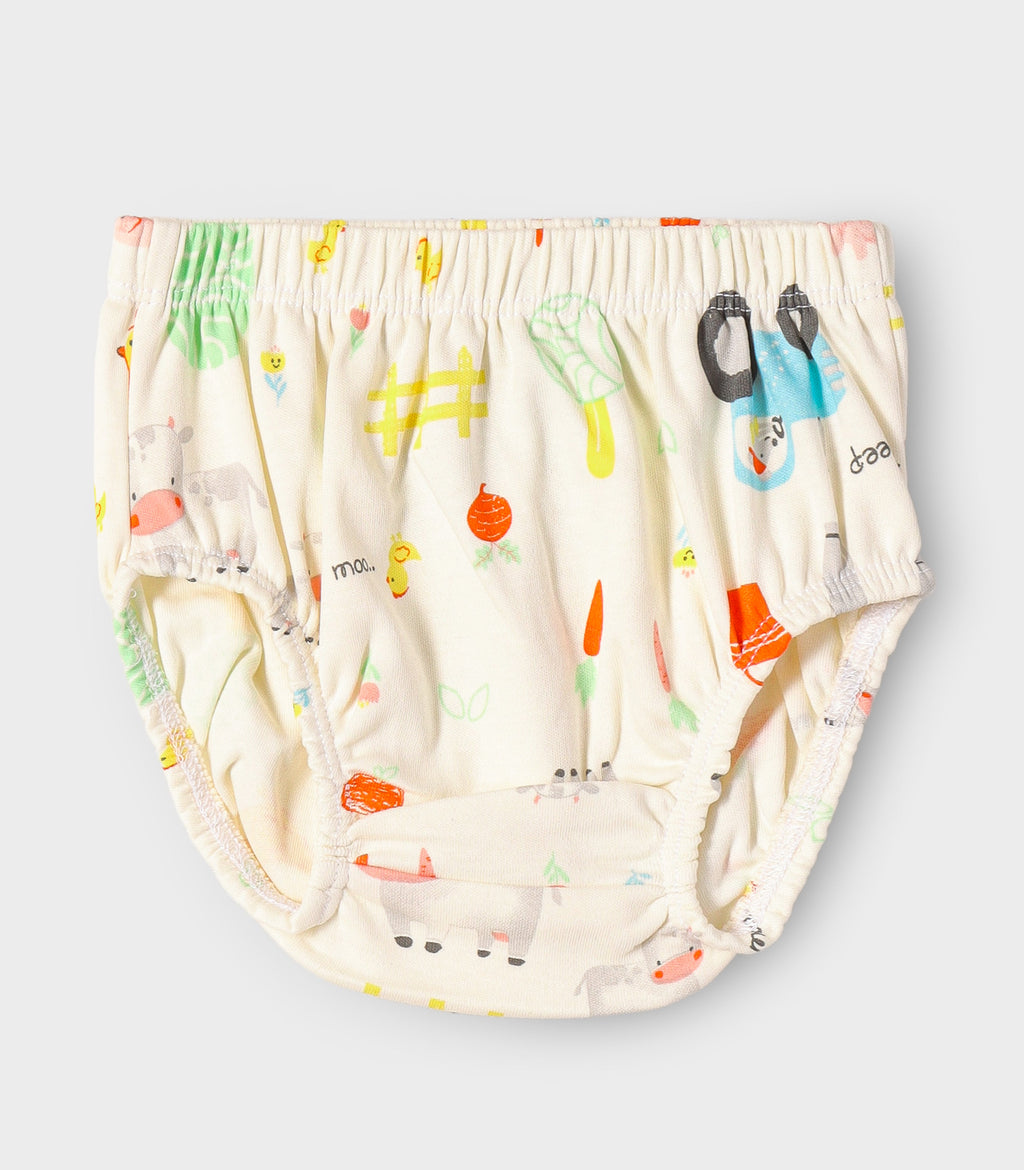 Farmyard Fun Printed Off white Girls Cotton Frock with Panty