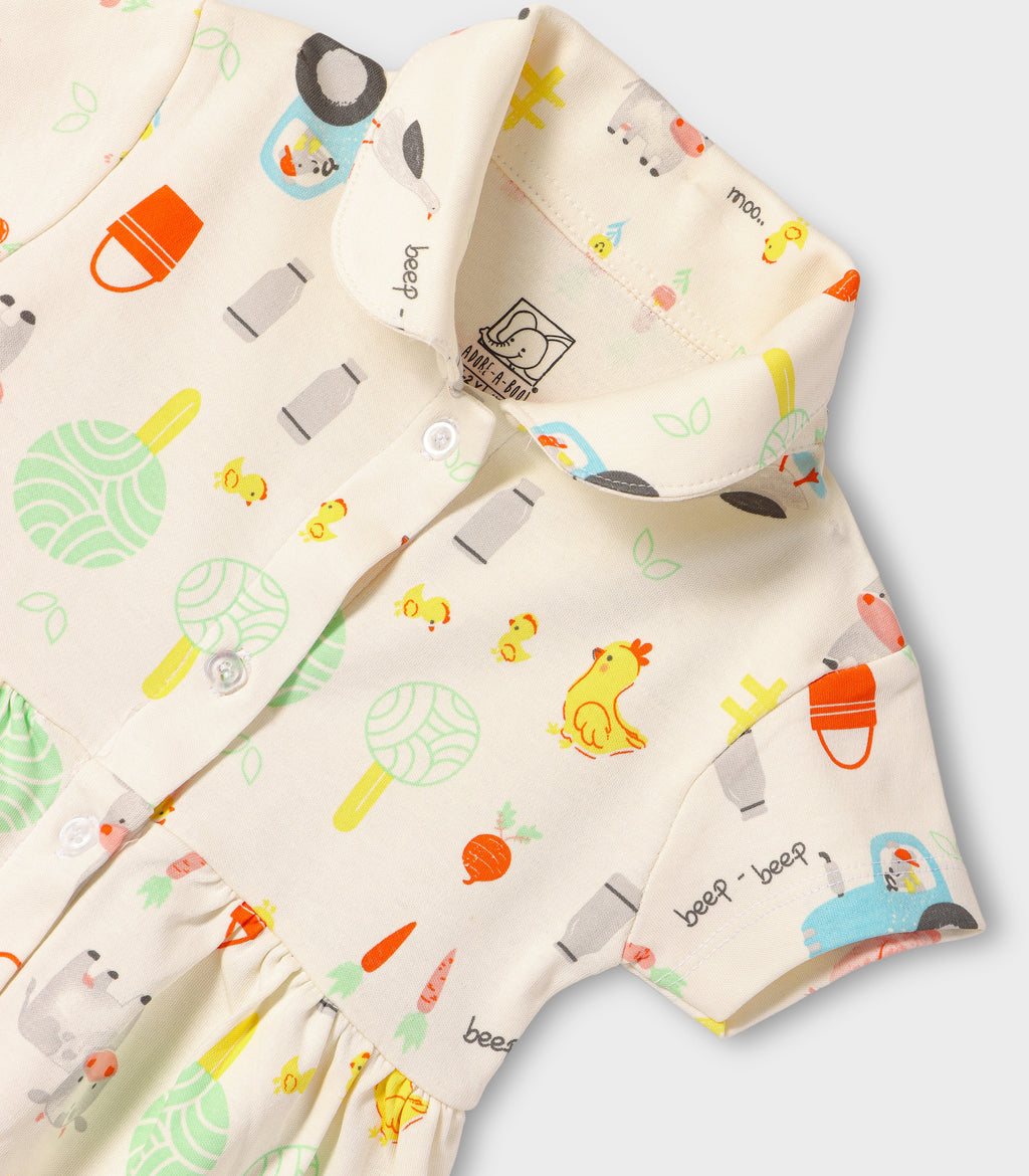 Farmyard Fun Printed Off white Girls Cotton Frock with Panty