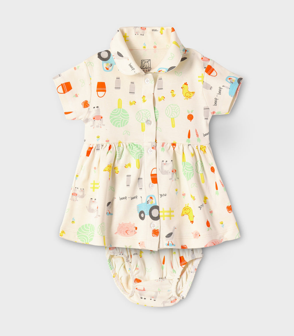 Farmyard Fun Printed Off white Girls Cotton Frock with Panty