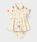 Farmyard Fun Printed Off white Girls Cotton Frock with Panty