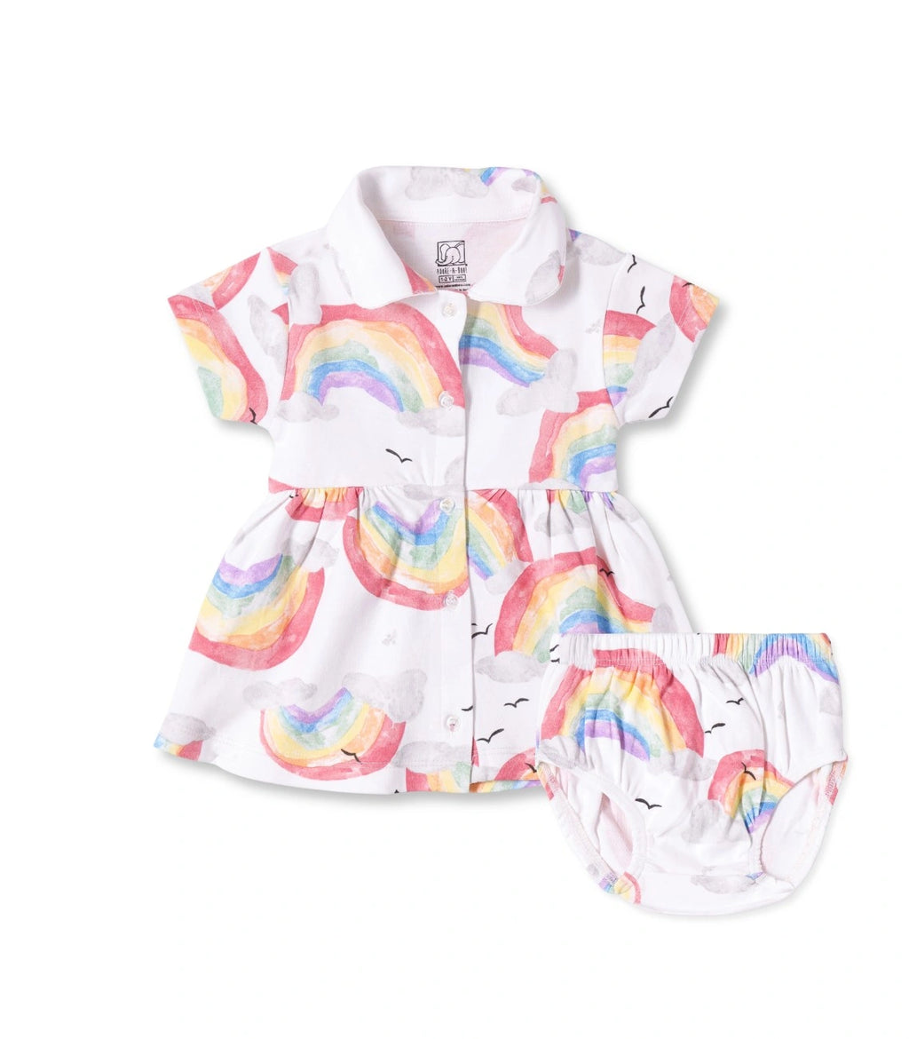 Rainbow Printed White Girls Cotton Frock with Panty