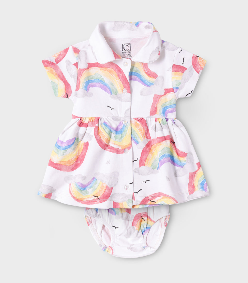 Rainbow Printed White Girls Cotton Frock with Panty